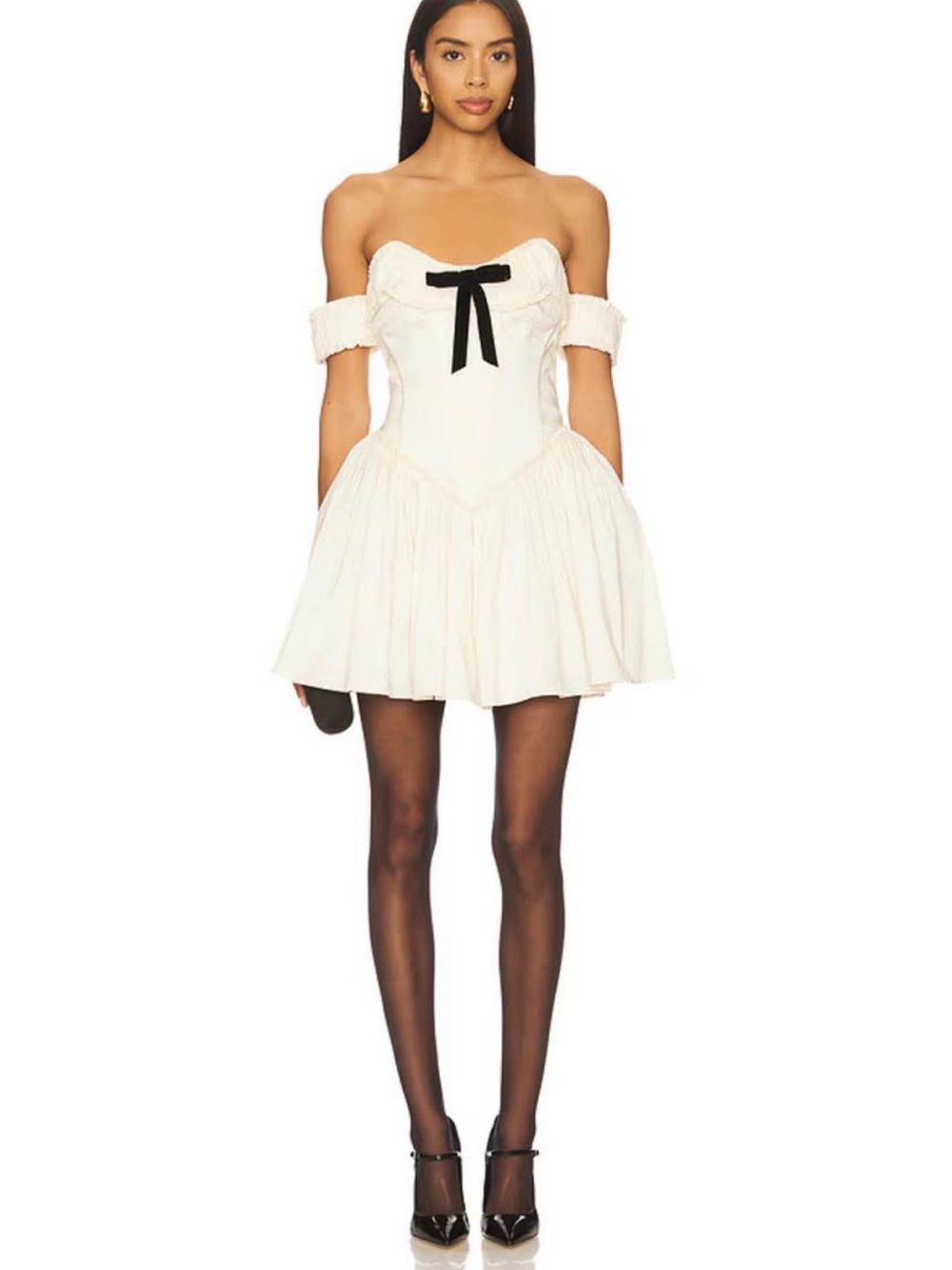 LPA Off-Shoulder Cream Mini Dress with Black Bow